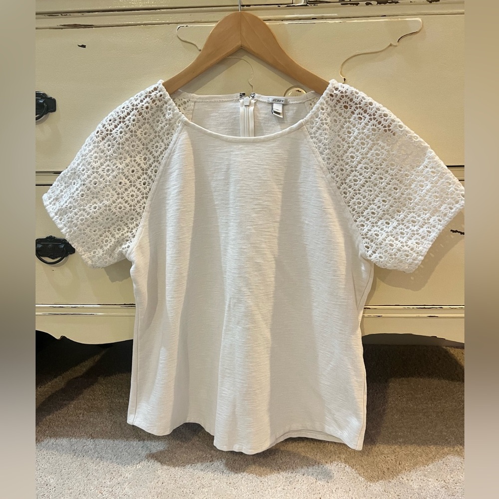 J. Crew White Lace Sleeve Tee